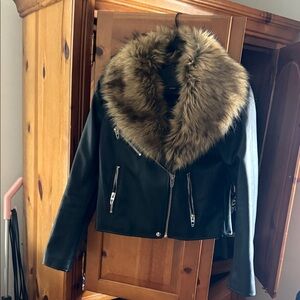 Blank NYC Black Leather Jacket with Brown Faux Fur Collar